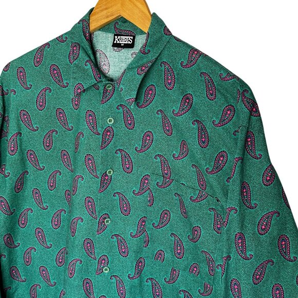 Vintage 90s Kudos Green Paisley Button Up Shirt Men’s Medium Long Sleeve - Picture 2 of 6